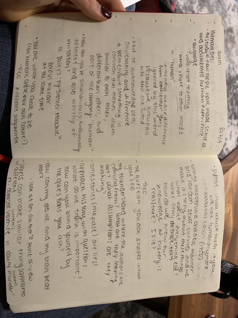 This is a photo of a page in my red notebook exploring potential meanings of upper and lower- case H(h)umantities during unit 1 of the Humanities course.